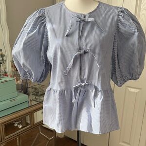 Marc New York - Andrew Mark Striped Blue Puff-Sleeve Tie-Front Peplum Top NWT Lg